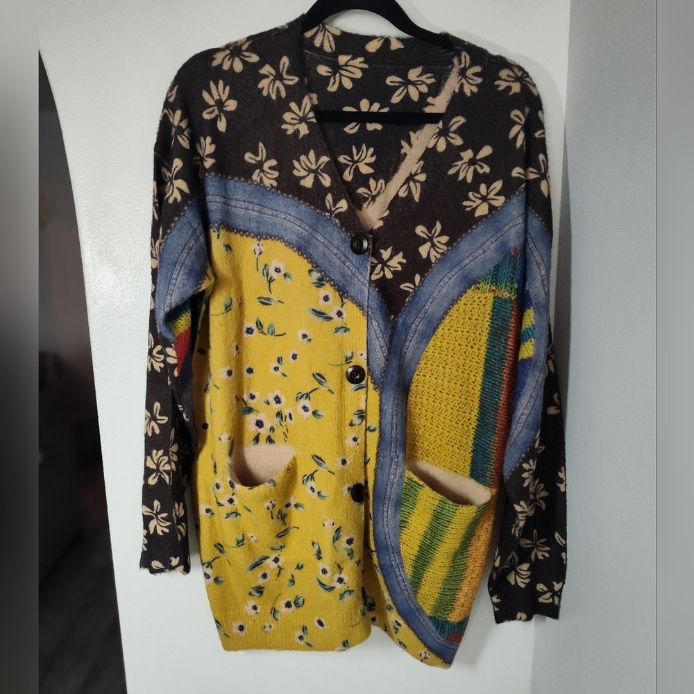Source Unknown Multicolor Floral Patchwork Cardig… - image 1